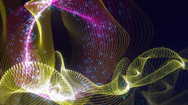 Birbirine dolanmış noktaların üç boyutlu yapılandırması. Koyu arkaplanda parlak ipliklerden ve yüzeylerden oluşan parlak renkli teknolojik arka plan