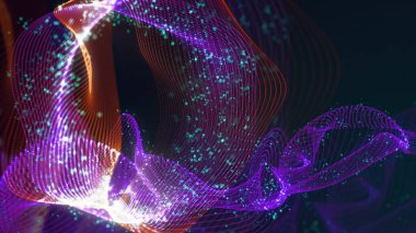 Birbirine dolanmış noktaların üç boyutlu yapılandırması. Koyu arkaplanda parlak ipliklerden ve yüzeylerden oluşan parlak renkli teknolojik arka plan