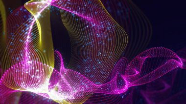 Birbirine dolanmış noktaların üç boyutlu yapılandırması. Koyu arkaplanda parlak ipliklerden ve yüzeylerden oluşan parlak renkli teknolojik arka plan