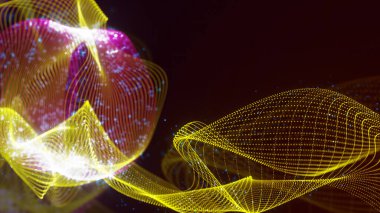 Birbirine dolanmış noktaların üç boyutlu yapılandırması. Koyu arkaplanda parlak ipliklerden ve yüzeylerden oluşan parlak renkli teknolojik arka plan