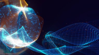 Birbirine dolanmış noktaların üç boyutlu yapılandırması. Koyu arkaplanda parlak ipliklerden ve yüzeylerden oluşan parlak renkli teknolojik arka plan