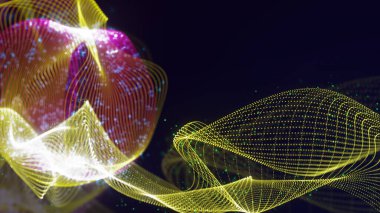 Birbirine dolanmış noktaların üç boyutlu yapılandırması. Koyu arkaplanda parlak ipliklerden ve yüzeylerden oluşan parlak renkli teknolojik arka plan