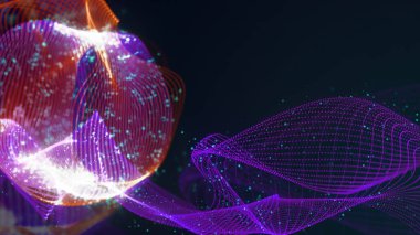 Birbirine dolanmış noktaların üç boyutlu yapılandırması. Koyu arkaplanda parlak ipliklerden ve yüzeylerden oluşan parlak renkli teknolojik arka plan