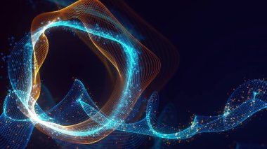 Birbirine dolanmış noktaların üç boyutlu yapılandırması. Koyu arkaplanda parlak ipliklerden ve yüzeylerden oluşan parlak renkli teknolojik arka plan