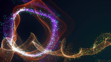 Birbirine dolanmış noktaların üç boyutlu yapılandırması. Koyu arkaplanda parlak ipliklerden ve yüzeylerden oluşan parlak renkli teknolojik arka plan