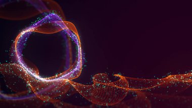 Birbirine dolanmış noktaların üç boyutlu yapılandırması. Koyu arkaplanda parlak ipliklerden ve yüzeylerden oluşan parlak renkli teknolojik arka plan