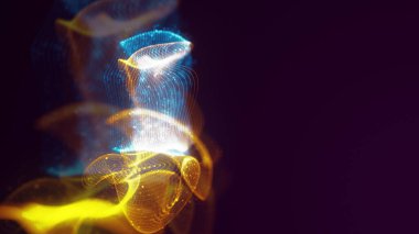 Birbirine dolanmış noktaların üç boyutlu yapılandırması. Koyu arkaplanda parlak ipliklerden ve yüzeylerden oluşan parlak renkli teknolojik arka plan