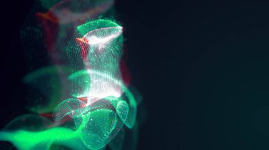 Birbirine dolanmış noktaların üç boyutlu yapılandırması. Koyu arkaplanda parlak ipliklerden ve yüzeylerden oluşan parlak renkli teknolojik arka plan