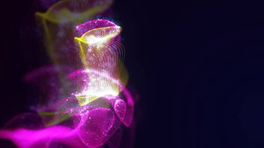 Birbirine dolanmış noktaların üç boyutlu yapılandırması. Koyu arkaplanda parlak ipliklerden ve yüzeylerden oluşan parlak renkli teknolojik arka plan