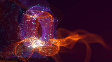 Birbirine dolanmış noktaların üç boyutlu yapılandırması. Koyu arkaplanda parlak ipliklerden ve yüzeylerden oluşan parlak renkli teknolojik arka plan