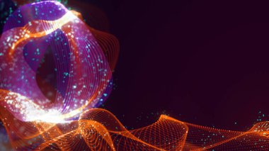 Birbirine dolanmış noktaların üç boyutlu yapılandırması. Koyu arkaplanda parlak ipliklerden ve yüzeylerden oluşan parlak renkli teknolojik arka plan