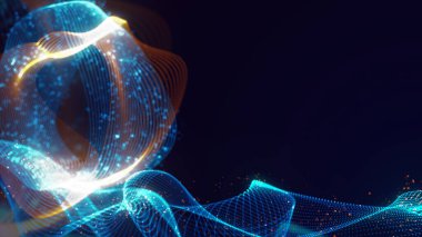 Birbirine dolanmış noktaların üç boyutlu yapılandırması. Koyu arkaplanda parlak ipliklerden ve yüzeylerden oluşan parlak renkli teknolojik arka plan