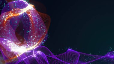 Birbirine dolanmış noktaların üç boyutlu yapılandırması. Koyu arkaplanda parlak ipliklerden ve yüzeylerden oluşan parlak renkli teknolojik arka plan