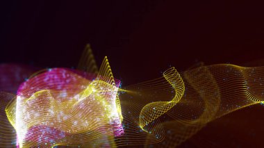 Birbirine dolanmış noktaların üç boyutlu yapılandırması. Koyu arkaplanda parlak ipliklerden ve yüzeylerden oluşan parlak renkli teknolojik arka plan