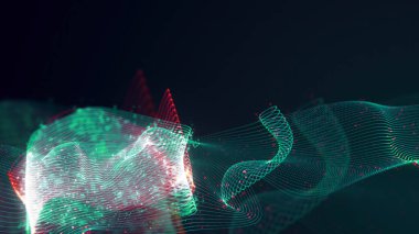 Birbirine dolanmış noktaların üç boyutlu yapılandırması. Koyu arkaplanda parlak ipliklerden ve yüzeylerden oluşan parlak renkli teknolojik arka plan