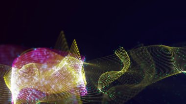 Birbirine dolanmış noktaların üç boyutlu yapılandırması. Koyu arkaplanda parlak ipliklerden ve yüzeylerden oluşan parlak renkli teknolojik arka plan