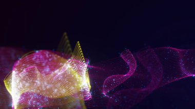 Birbirine dolanmış noktaların üç boyutlu yapılandırması. Koyu arkaplanda parlak ipliklerden ve yüzeylerden oluşan parlak renkli teknolojik arka plan