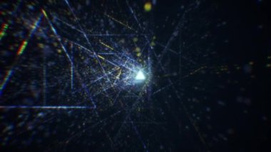 Siber uzayda parçacıklardan oluşan soyut dijital tünel. Parlak bir geometrik şekil akışından oluşan sanal uzay