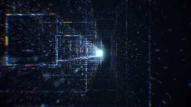 Siber uzayda parçacıklardan oluşan soyut dijital tünel. Parlak bir geometrik şekil akışından oluşan sanal uzay