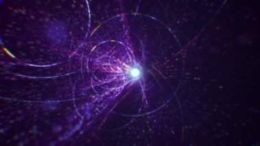Siber uzayda parçacıklardan oluşan soyut dijital tünel. Parlak bir geometrik şekil akışından oluşan sanal uzay