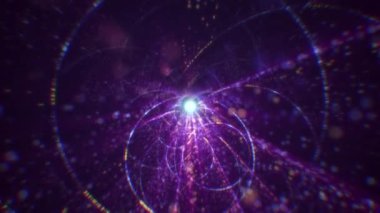 Siber uzayda parçacıklardan oluşan soyut dijital tünel. Parlak bir geometrik şekil akışından oluşan sanal uzay