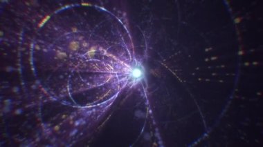 Siber uzayda parçacıklardan oluşan soyut dijital tünel. Parlak bir geometrik şekil akışından oluşan sanal uzay