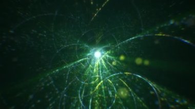 Siber uzayda parçacıklardan oluşan soyut dijital tünel. Parlak bir geometrik şekil akışından oluşan sanal uzay