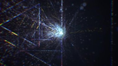 Siber uzayda parçacıklardan oluşan soyut dijital tünel. Parlak bir geometrik şekil akışından oluşan sanal uzay