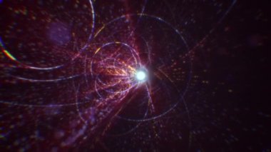 Siber uzayda parçacıklardan oluşan soyut dijital tünel. Parlak bir geometrik şekil akışından oluşan sanal uzay