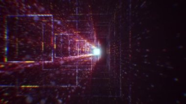 Siber uzayda parçacıklardan oluşan soyut dijital tünel. Parlak bir geometrik şekil akışından oluşan sanal uzay