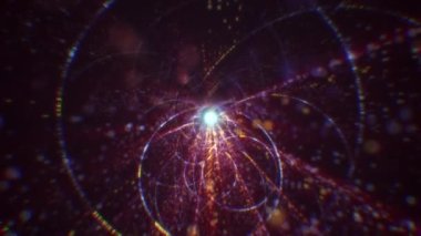 Siber uzayda parçacıklardan oluşan soyut dijital tünel. Parlak bir geometrik şekil akışından oluşan sanal uzay