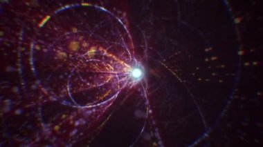 Siber uzayda parçacıklardan oluşan soyut dijital tünel. Parlak bir geometrik şekil akışından oluşan sanal uzay
