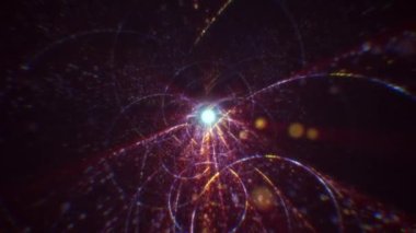 Siber uzayda parçacıklardan oluşan soyut dijital tünel. Parlak bir geometrik şekil akışından oluşan sanal uzay