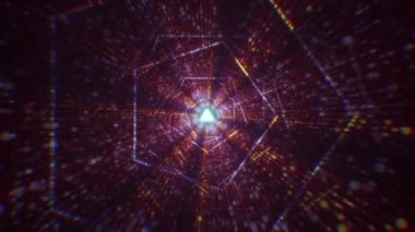 Siber uzayda parçacıklardan oluşan soyut dijital tünel. Parlak bir geometrik şekil akışından oluşan sanal uzay