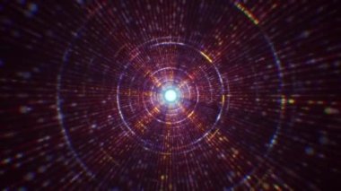 Siber uzayda parçacıklardan oluşan soyut dijital tünel. Parlak bir geometrik şekil akışından oluşan sanal uzay