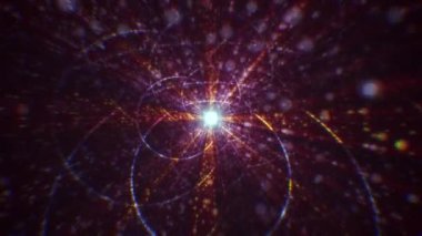 Siber uzayda parçacıklardan oluşan soyut dijital tünel. Parlak bir geometrik şekil akışından oluşan sanal uzay