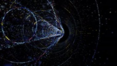 Siber uzayda parçacıklardan oluşan soyut dijital tünel. Parlak bir geometrik şekil akışından oluşan sanal uzay
