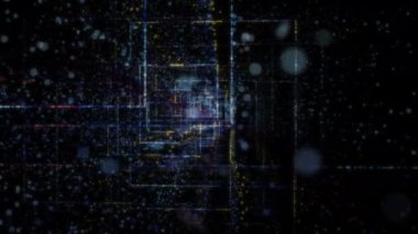 Siber uzayda parçacıklardan oluşan soyut dijital tünel. Parlak bir geometrik şekil akışından oluşan sanal uzay