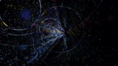 Siber uzayda parçacıklardan oluşan soyut dijital tünel. Parlak bir geometrik şekil akışından oluşan sanal uzay