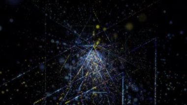 Siber uzayda parçacıklardan oluşan soyut dijital tünel. Parlak bir geometrik şekil akışından oluşan sanal uzay