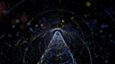 Siber uzayda parçacıklardan oluşan soyut dijital tünel. Parlak bir geometrik şekil akışından oluşan sanal uzay