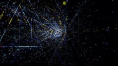 Siber uzayda parçacıklardan oluşan soyut dijital tünel. Parlak bir geometrik şekil akışından oluşan sanal uzay