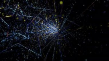Siber uzayda parçacıklardan oluşan soyut dijital tünel. Parlak bir geometrik şekil akışından oluşan sanal uzay