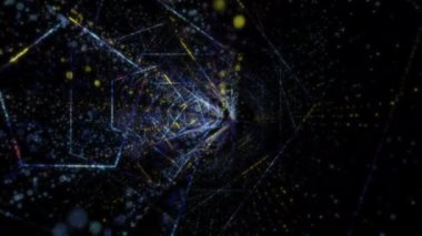 Siber uzayda parçacıklardan oluşan soyut dijital tünel. Parlak bir geometrik şekil akışından oluşan sanal uzay