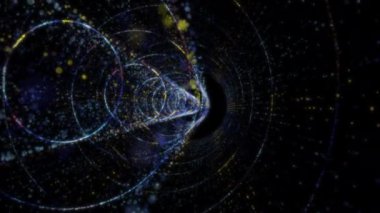Siber uzayda parçacıklardan oluşan soyut dijital tünel. Parlak bir geometrik şekil akışından oluşan sanal uzay