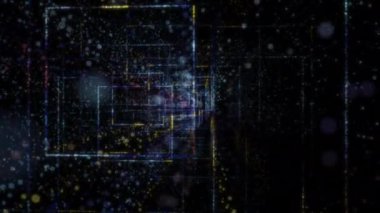 Siber uzayda parçacıklardan oluşan soyut dijital tünel. Parlak bir geometrik şekil akışından oluşan sanal uzay