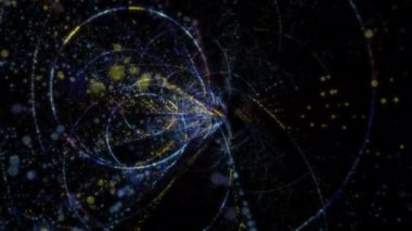 Siber uzayda parçacıklardan oluşan soyut dijital tünel. Parlak bir geometrik şekil akışından oluşan sanal uzay