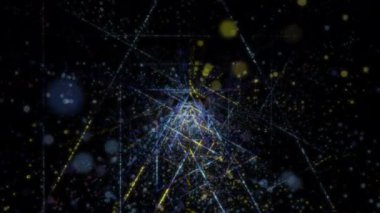 Siber uzayda parçacıklardan oluşan soyut dijital tünel. Parlak bir geometrik şekil akışından oluşan sanal uzay