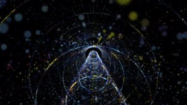Siber uzayda parçacıklardan oluşan soyut dijital tünel. Parlak bir geometrik şekil akışından oluşan sanal uzay