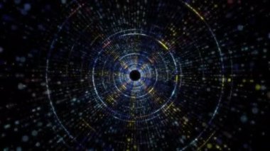 Siber uzayda parçacıklardan oluşan soyut dijital tünel. Parlak bir geometrik şekil akışından oluşan sanal uzay